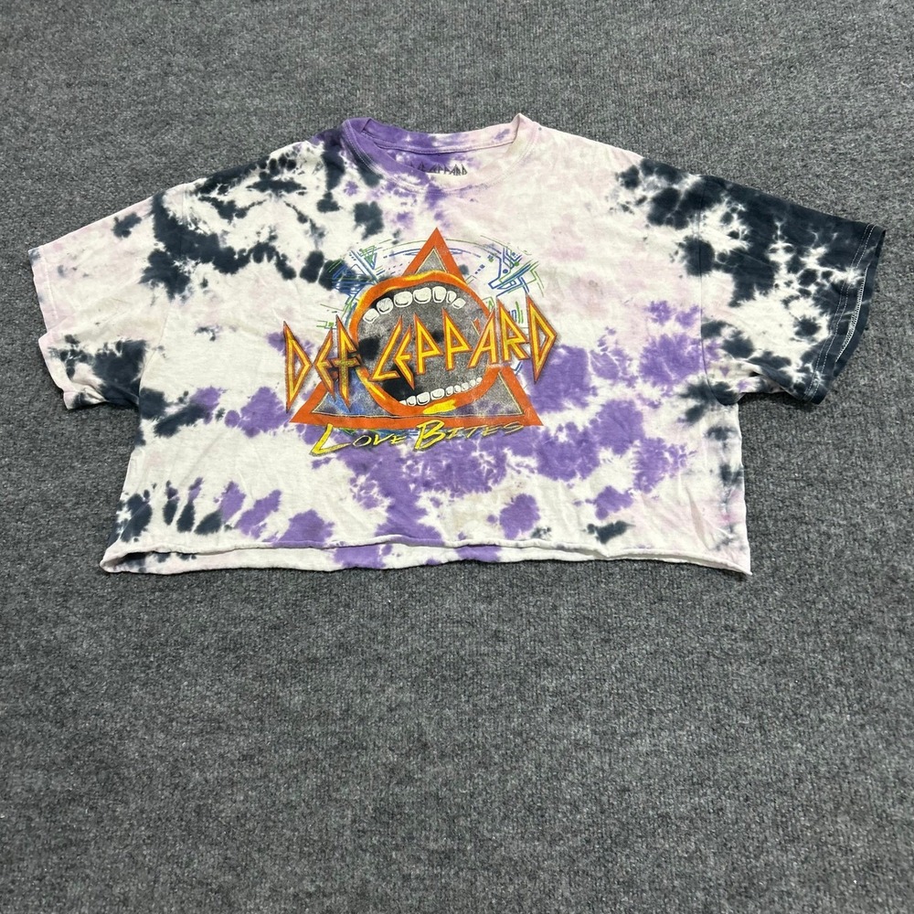 Liquid Blue Crop Top Womens Size L Purple Tie Dye Def Leppard Graphic Raw Hem